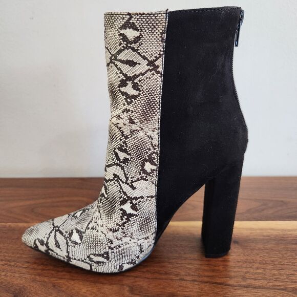 Lulus Karin Natural Snake Two Tone High Heel Ankle Booties Faux Leather 7.5 - Picture 3 of 8